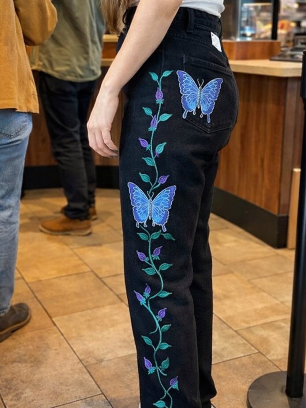 Hand Painted Black Jeans with Blue Butterfly & Vines  Flowers